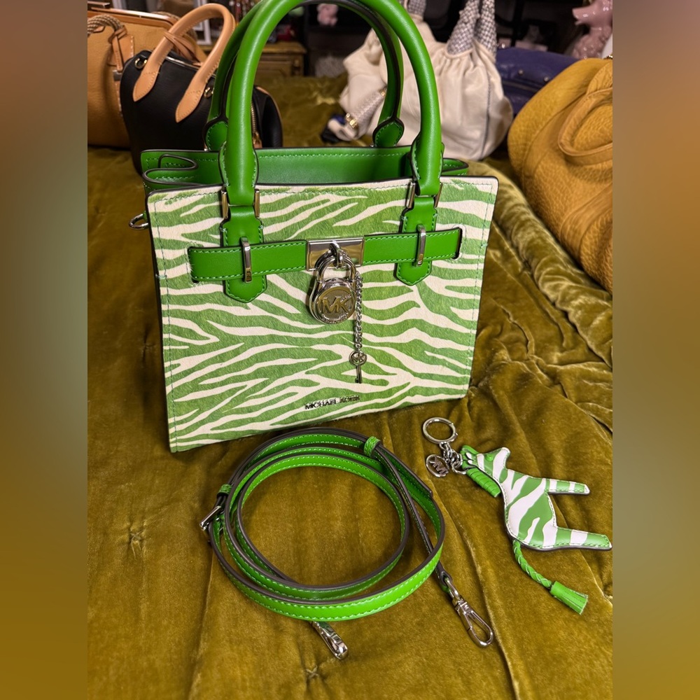 Lime Green Zebra Ponyhair Michael Kors Small Hamilton w Zebra Bag Charm